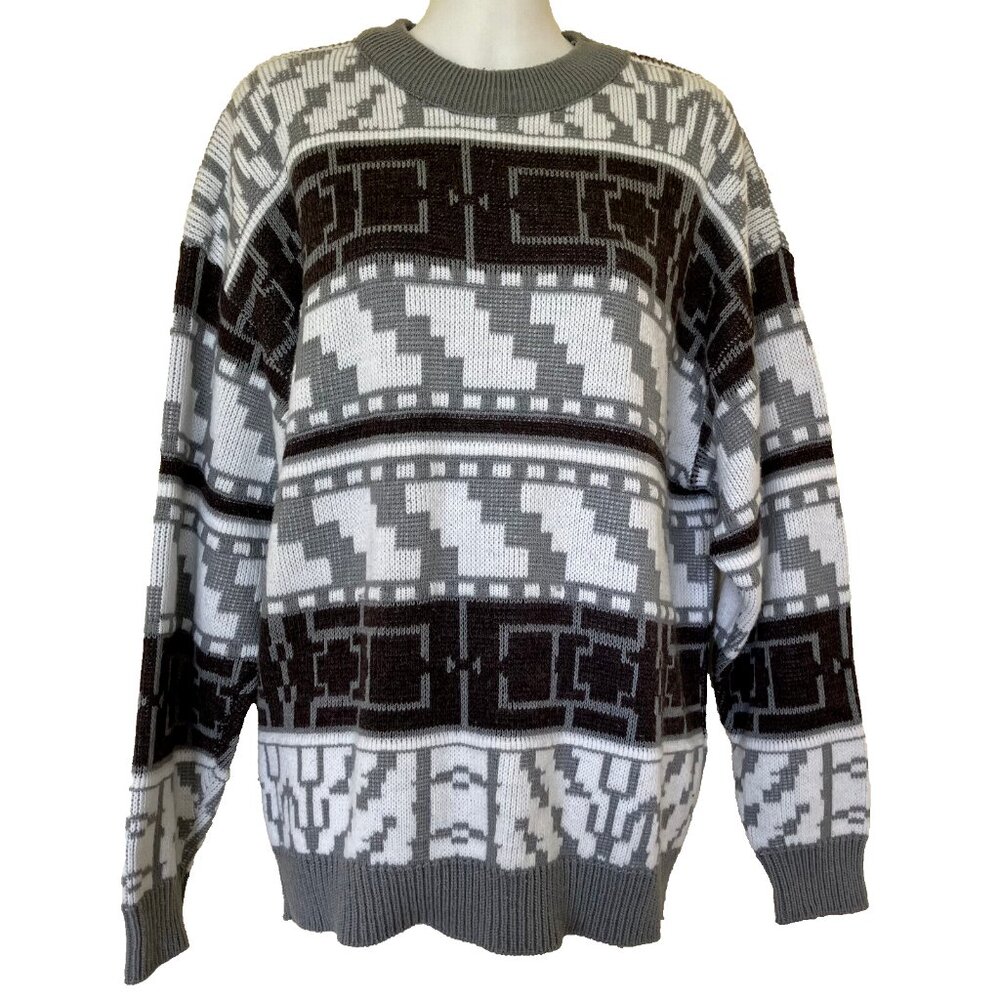 Porto Bello Pullover Knit Sweater Geometric White/Grey Acrylic Vintage 90s
